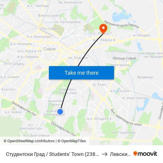 Студентски Град / Students' Town (2382) to Левски Г map