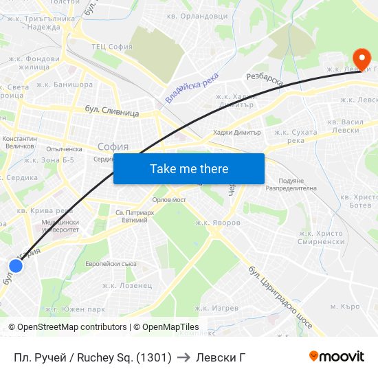 Пл. Ручей / Ruchey Sq. (1301) to Левски Г map