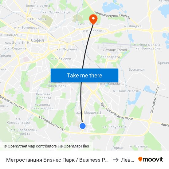 Метростанция Бизнес Парк / Business Park Metro Station (2490) to Левски Г map