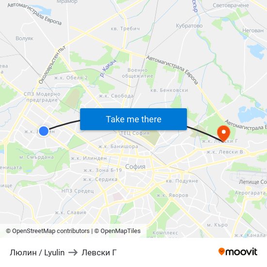 Люлин / Lyulin to Левски Г map