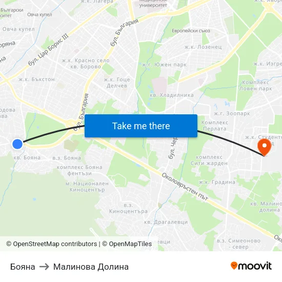 Бояна to Малинова Долина map