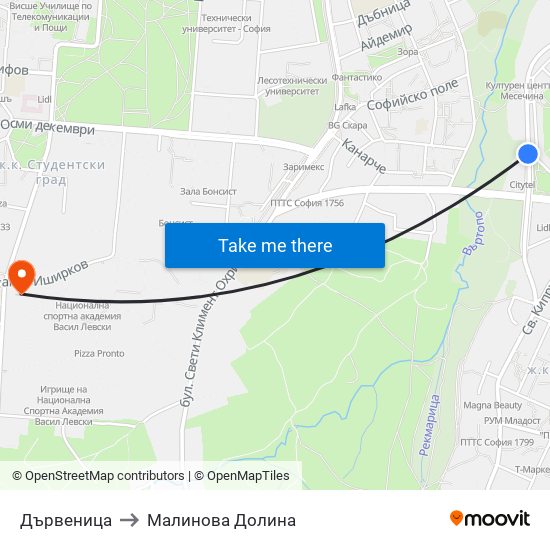 Дървеница to Малинова Долина map