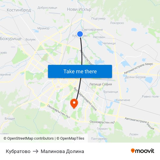 Кубратово to Малинова Долина map