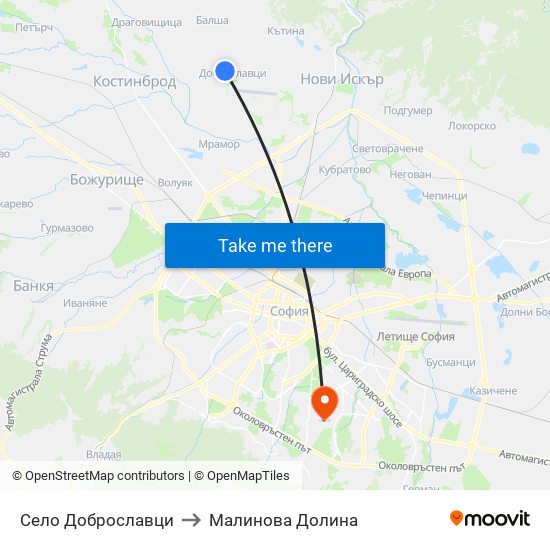 Село Доброславци to Малинова Долина map