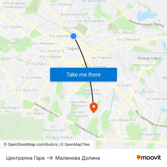 Централна Гара to Малинова Долина map