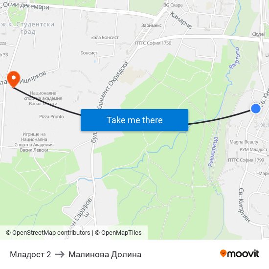 Младост 2 to Малинова Долина map