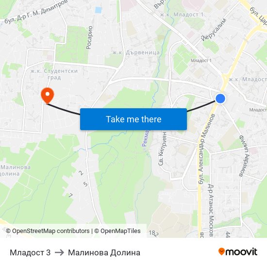 Младост 3 to Малинова Долина map