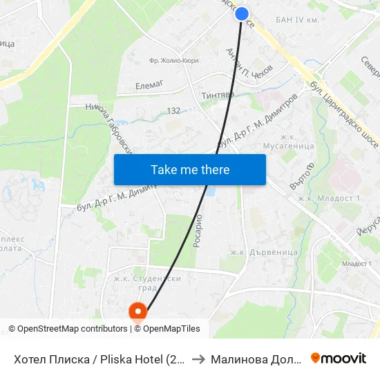 Хотел Плиска / Pliska Hotel (2326) to Малинова Долина map