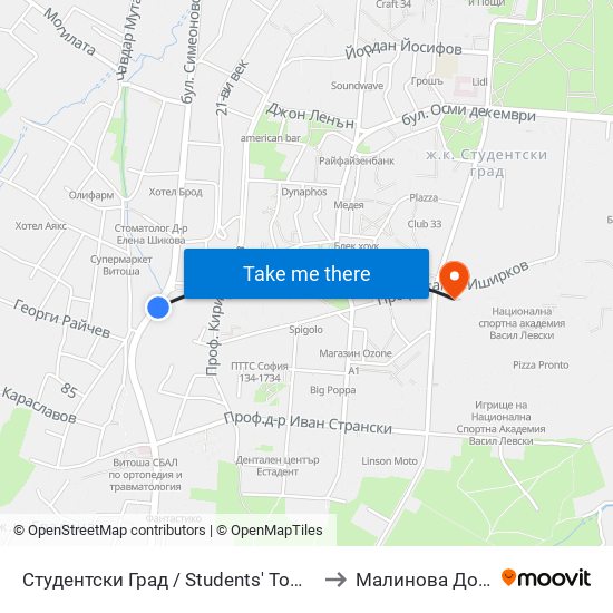 Студентски Град / Students' Town (2382) to Малинова Долина map