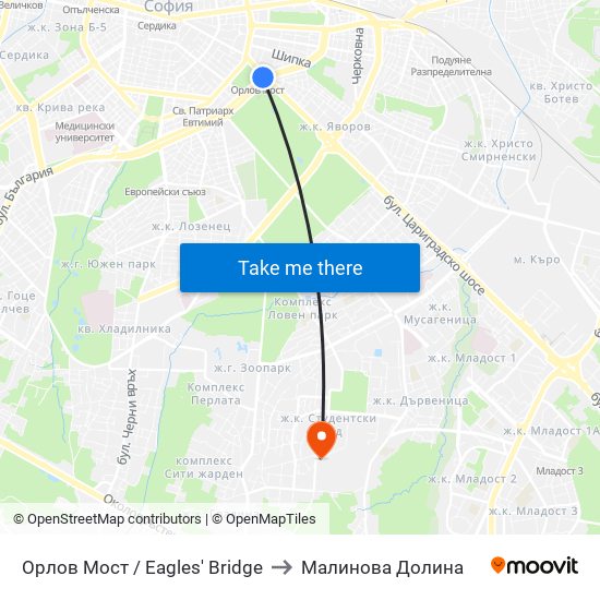 Орлов Мост / Eagles' Bridge to Малинова Долина map