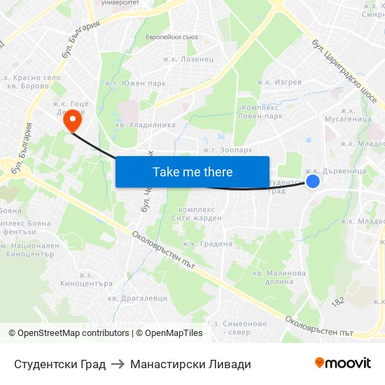 Студентски Град to Манастирски Ливади map