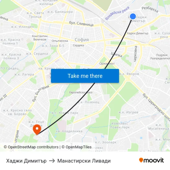 Хаджи Димитър to Манастирски Ливади map