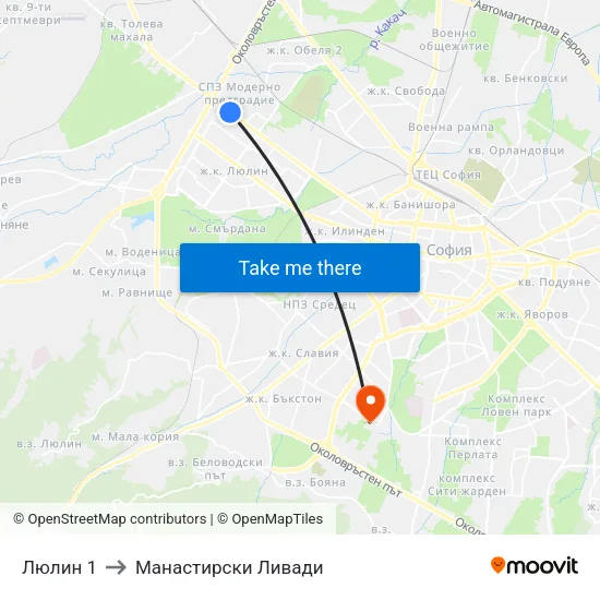 Люлин 1 to Манастирски Ливади map
