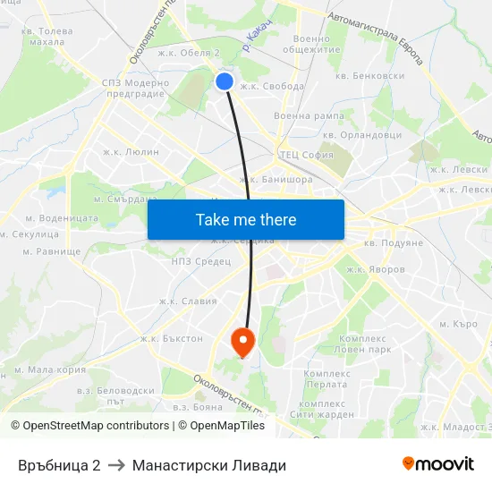 Връбница 2 to Манастирски Ливади map