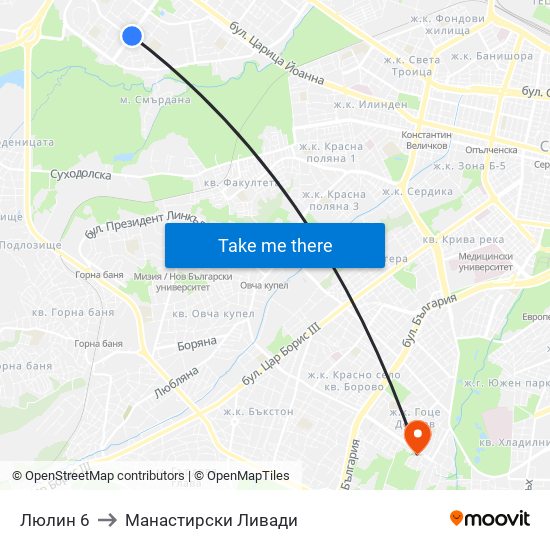 Люлин 6 to Манастирски Ливади map