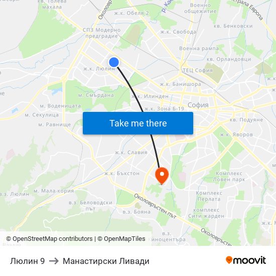 Люлин 9 to Манастирски Ливади map