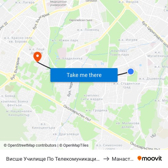 Висше Училище По Телекомуникации / University Of Telecommunications And Post (1397) to Манастирски Ливади map