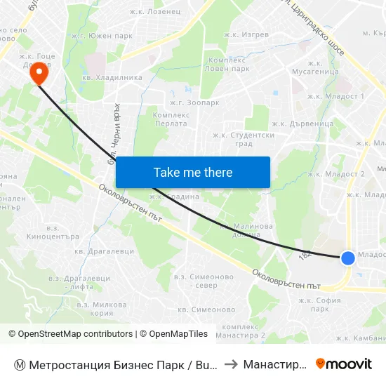 Ⓜ️ Метростанция Бизнес Парк / Business Park Metro Station (2490) to Манастирски Ливади map
