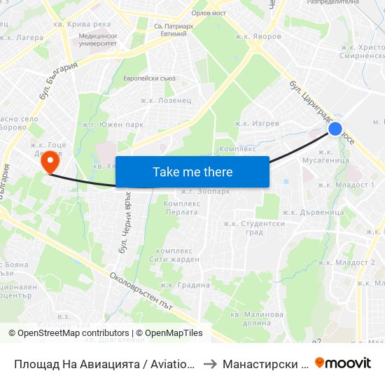 Площад На Авиацията / Aviation Square (1257) to Манастирски Ливади map