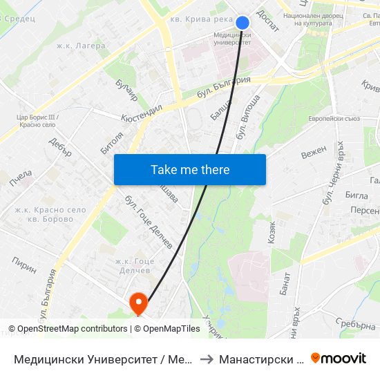 Медицински Университет / Medical University to Манастирски Ливади map