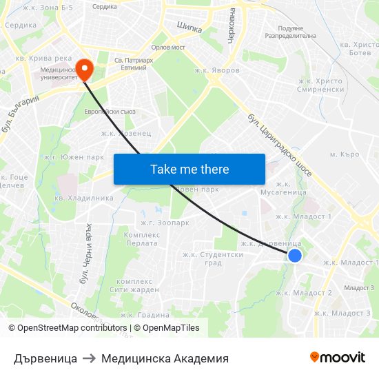 Дървеница to Медицинска Академия map