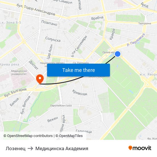 Лозенец to Медицинска Академия map