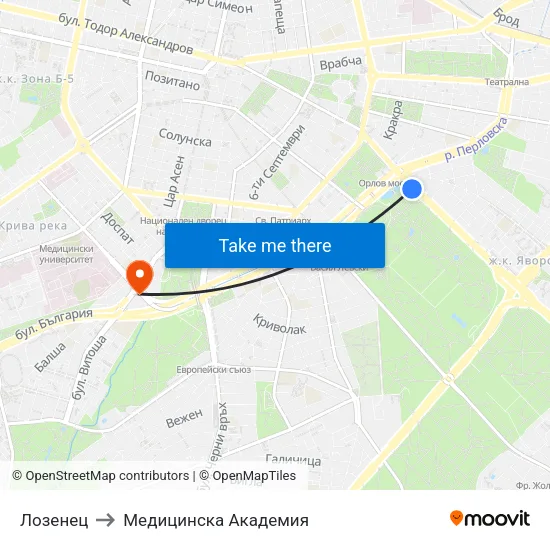 Лозенец to Медицинска Академия map