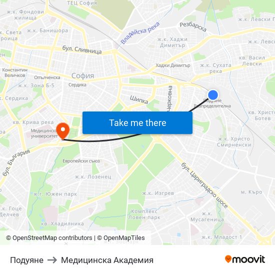 Подуяне to Медицинска Академия map