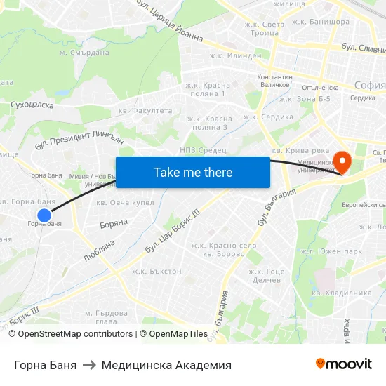 Горна Баня to Медицинска Академия map