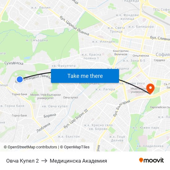Овча Купел 2 to Медицинска Академия map
