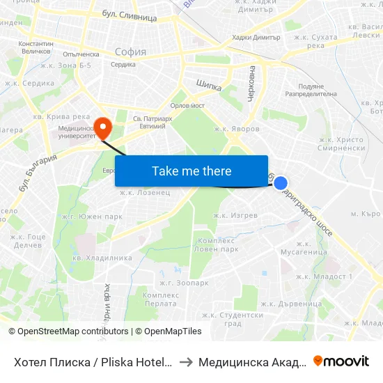 Хотел Плиска / Pliska Hotel (2326) to Медицинска Академия map