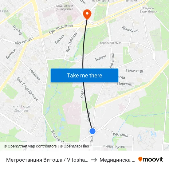 Ⓜ️ Метростанция Витоша / Vitosha Metro Station (2654) to Медицинска Академия map