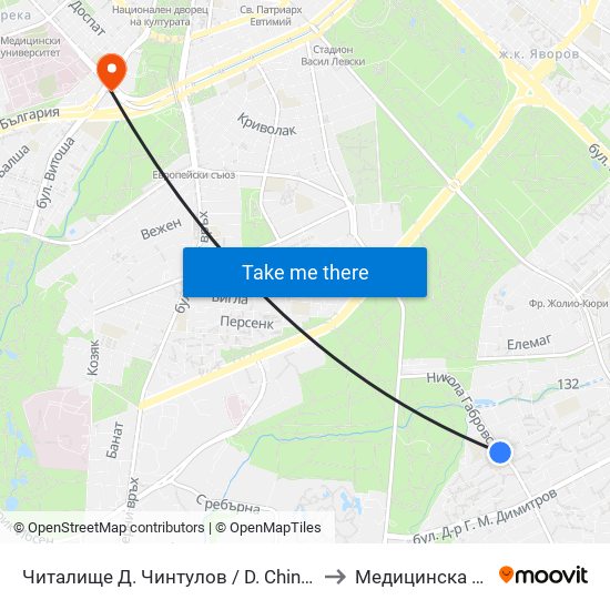 Читалище Д. Чинтулов / D. Chintulov Library (2365) to Медицинска Академия map