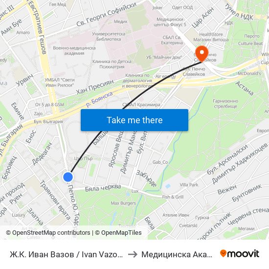 Ж.К. Иван Вазов / Ivan Vazov (0626) to Медицинска Академия map