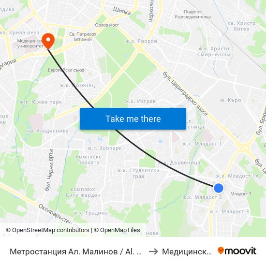 Метростанция Ал. Малинов / Al. Malinov Metro Station (0169) to Медицинска Академия map
