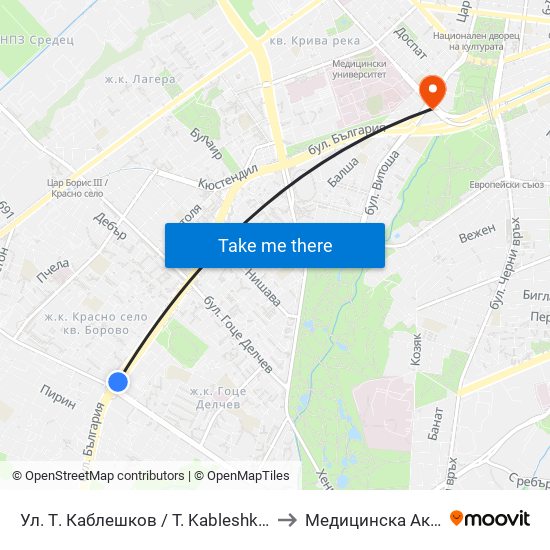Ул. Т. Каблешков / T. Kableshkov St. (2211) to Медицинска Академия map