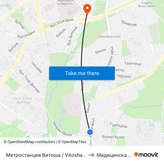 Метростанция Витоша / Vitosha Metro Station (2756) to Медицинска Академия map