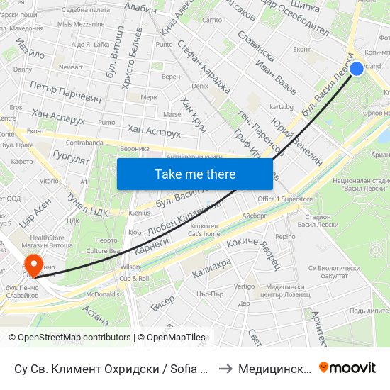 Су Св. Климент Охридски / Sofia University St. Kliment Ohridski to Медицинска Академия map