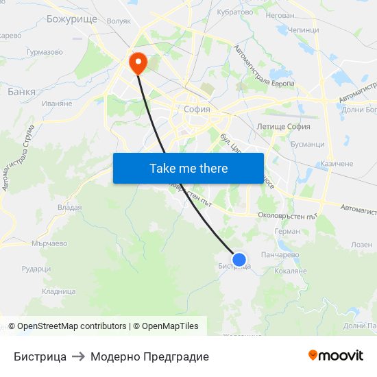 Бистрица to Модерно Предградие map