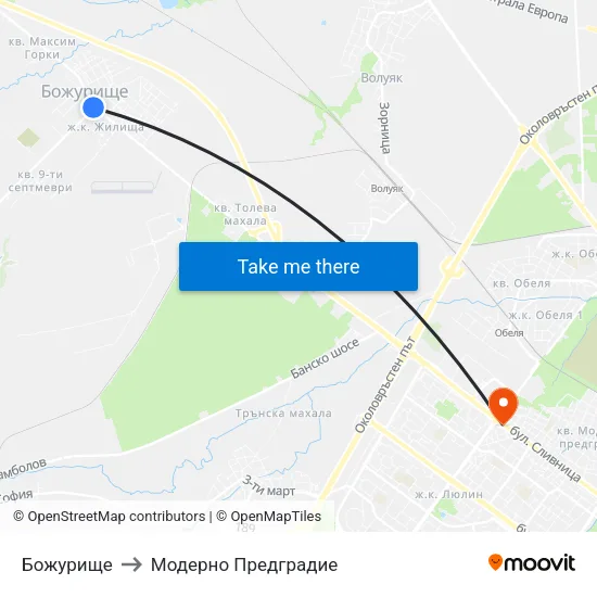 Божурище to Модерно Предградие map
