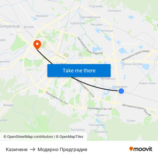 Казичене to Модерно Предградие map