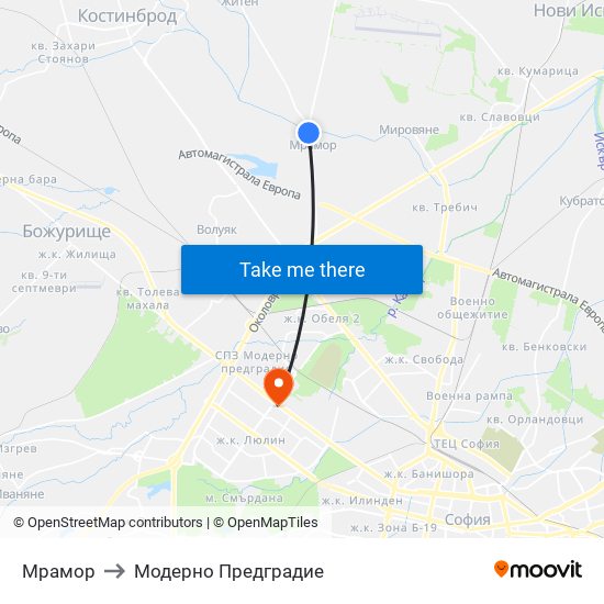 Мрамор to Модерно Предградие map