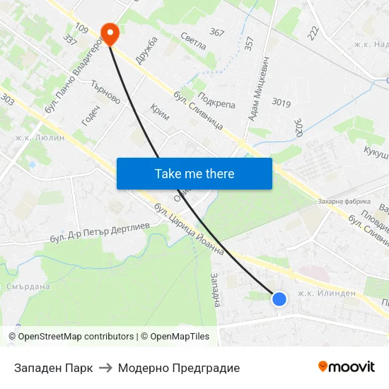 Западен Парк to Модерно Предградие map