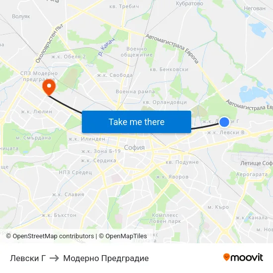 Левски Г to Модерно Предградие map