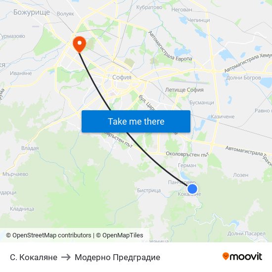 С. Кокаляне to Модерно Предградие map