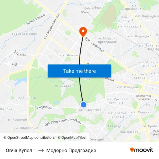 Овча Купел 1 to Модерно Предградие map