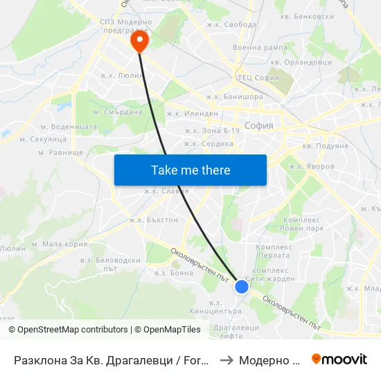 Разклона За Кв. Драгалевци / Fork Road To Dragalevtsi Qr. (1457) to Модерно Предградие map