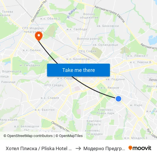 Хотел Плиска / Pliska Hotel (2326) to Модерно Предградие map