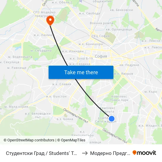 Студентски Град / Students' Town (2382) to Модерно Предградие map
