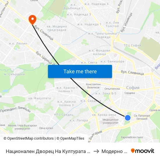 Ⓜ️ Национален Дворец На Културата / National Palace Of Culture (1139) to Модерно Предградие map